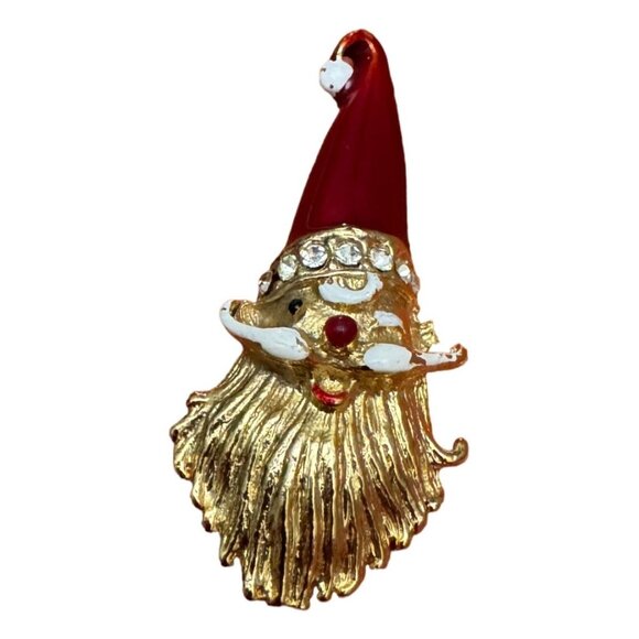 Vintage Santa Claus Brooch Pin Gold Tone with Red Hat and Rhinestones Holiday - Picture 2 of 7